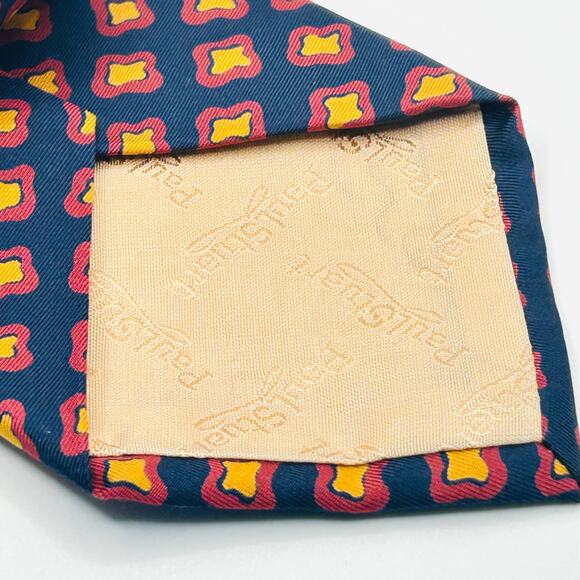 Vintage 90s Paul Stuart Navy Coral Yellow Geometric Silk Necktie - Picture 2 of 7